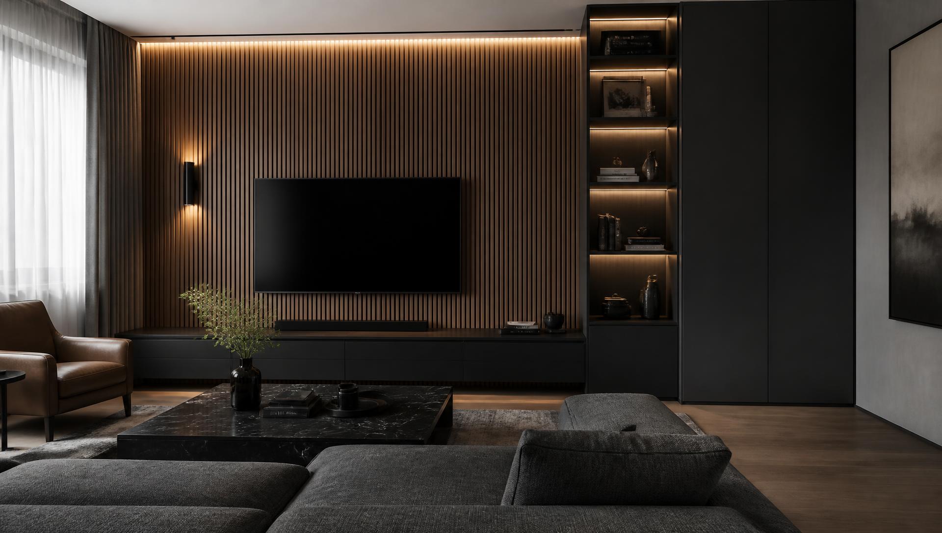 Sala de estar com painel ripado de madeira e marcenaria integrada